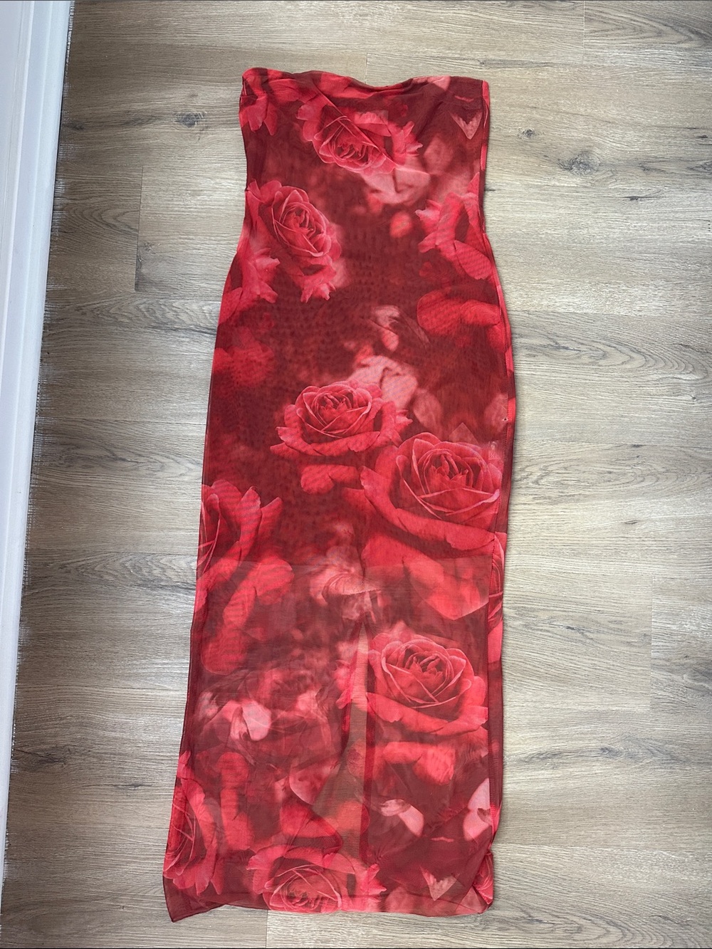 Meshki Red Rose Print Strapless Maxi Dress